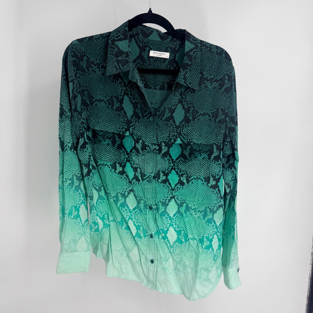 Equipment Femme Silk Snakeskin Ombre Button Down Shirt Teal Green Large